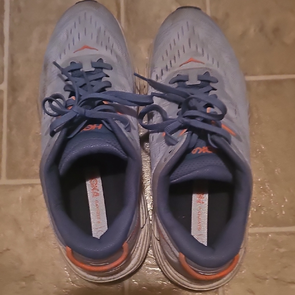 Hoka Sky Blue and Tangerine Athletic Shoes